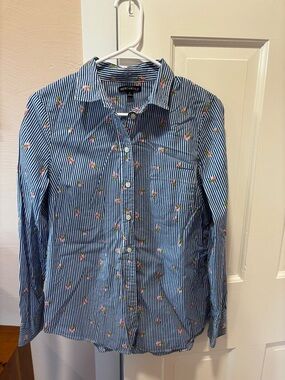 J. Crew Factory Blue and White Striped Button-Down with Pink Floral Embroidery